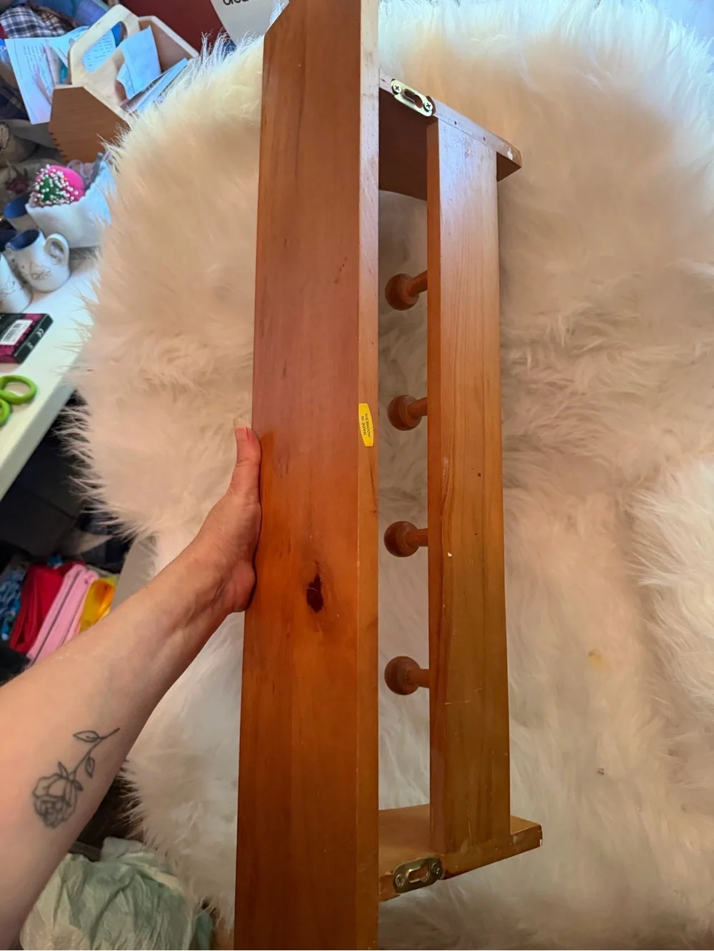Vintage Natural Wood Wall Shelf with Peg Hooks - Brown